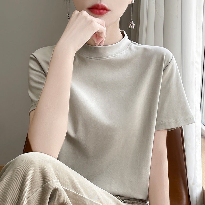 White Short-Sleeved T-Shirt Women'S Shoulder Mock Collar Summer All-Match Slim-Fit Base Shirt Top 100 Cotton Vest Ins - Image 1
