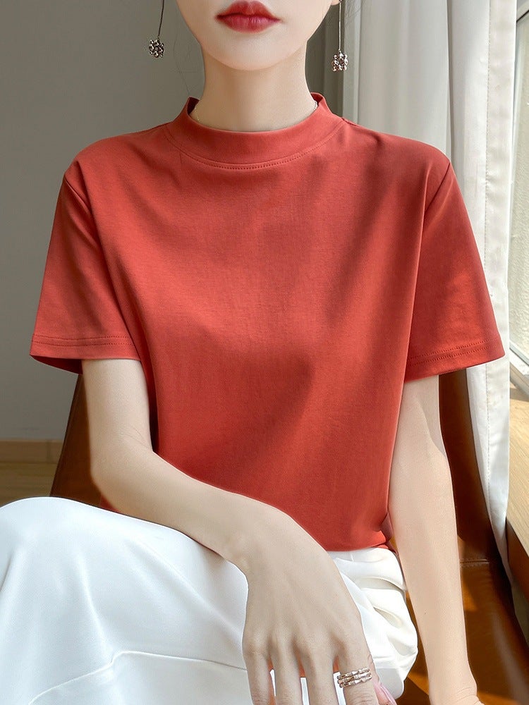 White Short-Sleeved T-Shirt Women'S Shoulder Mock Collar Summer All-Match Slim-Fit Base Shirt Top 100 Cotton Vest Ins - Image 3