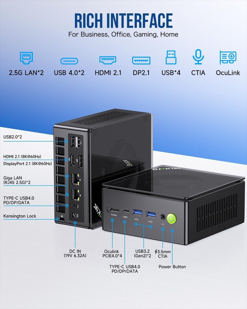 GMKtec Gaming Mini PC K8 Plus AMD Ryzen 7 8845HS(8C/16T, up to 5.1GHz) 32GB DDR5 RAM 1TB SSD, Desktop Computer Dual NIC 2.5G, HDMI 2.1, USB4 - Image 4