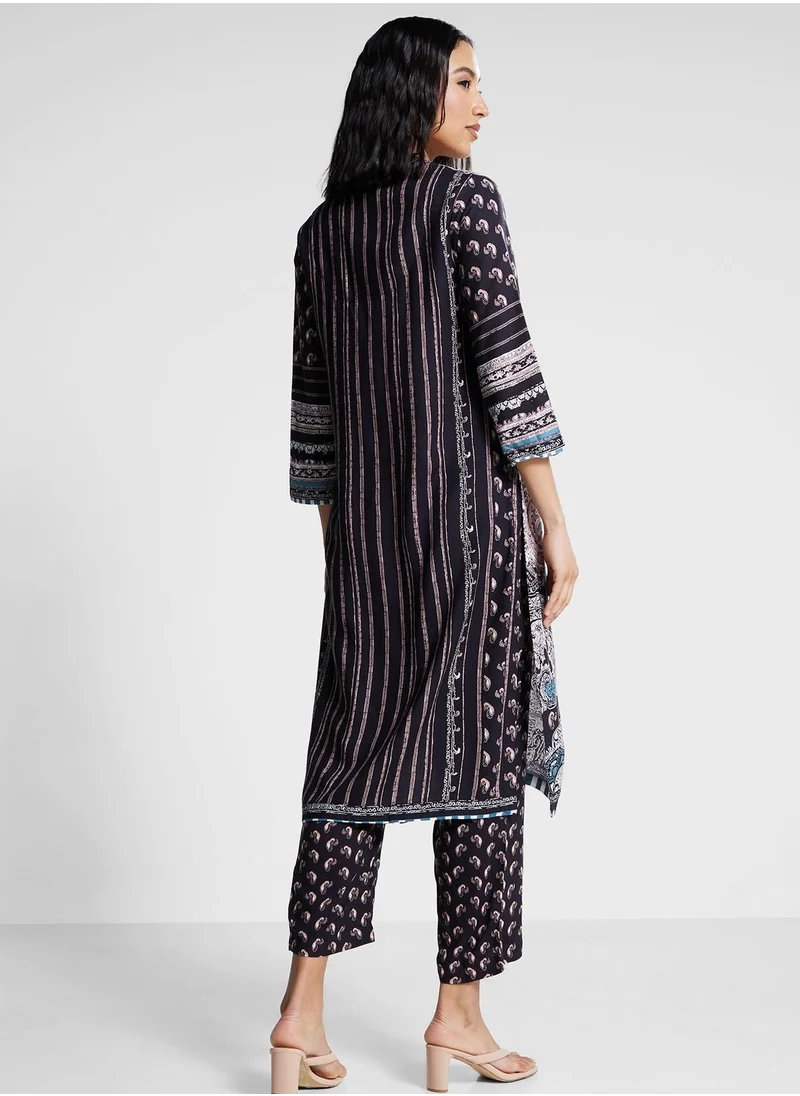 Biba V-Neck Printed Kurti & Pants Set
