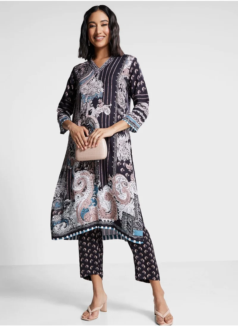 Biba V-Neck Printed Kurti & Pants Set