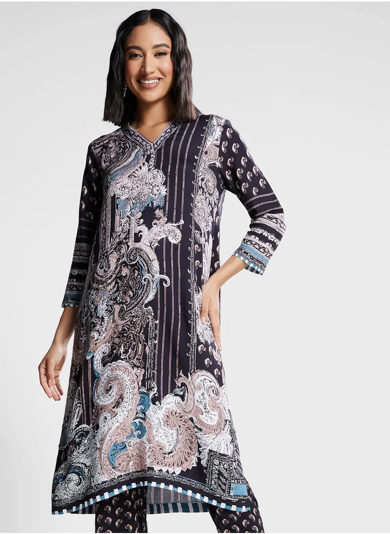 Biba V-Neck Printed Kurti & Pants Set