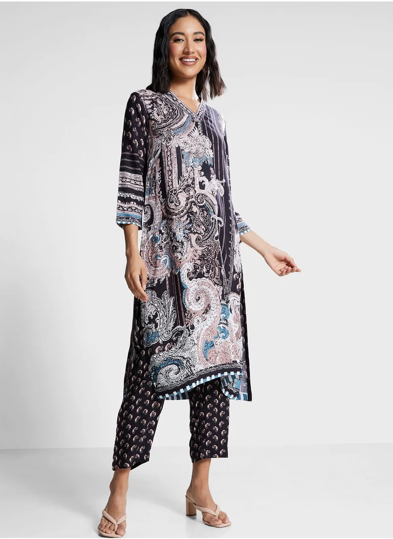 Biba V-Neck Printed Kurti & Pants Set