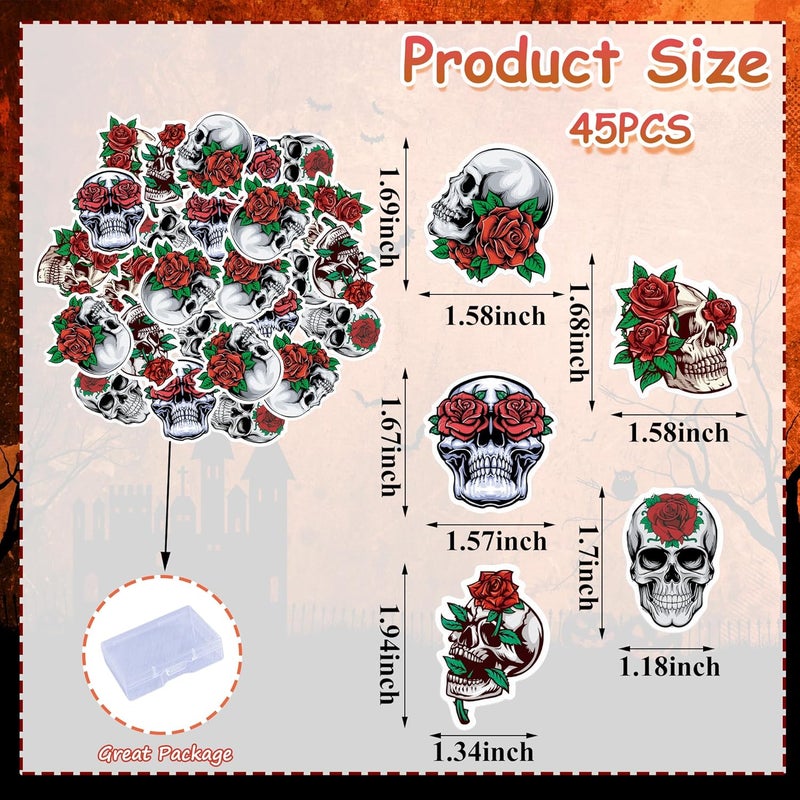Fyeoxle 45PCS Edible Skull Cupcake Toppers Wafer Paper Halloween Skull Cupcake Toppers Roses Skull Cupcake Picks for Halloween Eve Theme Party Birthday Baby Shower Decor Supplies - Image 2