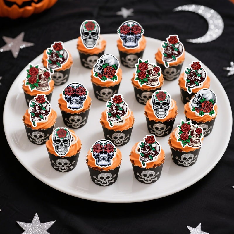 Fyeoxle 45PCS Edible Skull Cupcake Toppers Wafer Paper Halloween Skull Cupcake Toppers Roses Skull Cupcake Picks for Halloween Eve Theme Party Birthday Baby Shower Decor Supplies - Image 4