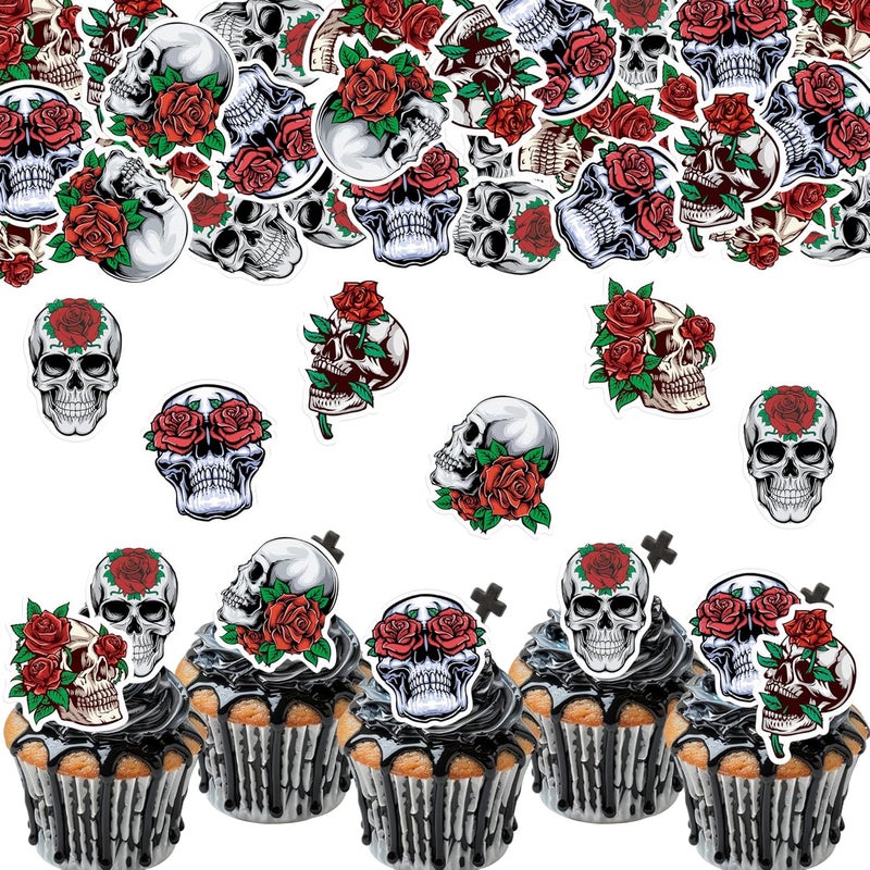 Fyeoxle 45PCS Edible Skull Cupcake Toppers Wafer Paper Halloween Skull Cupcake Toppers Roses Skull Cupcake Picks for Halloween Eve Theme Party Birthday Baby Shower Decor Supplies - Image 1