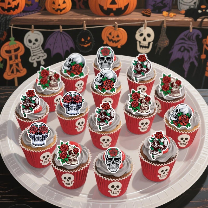 Fyeoxle 45PCS Edible Skull Cupcake Toppers Wafer Paper Halloween Skull Cupcake Toppers Roses Skull Cupcake Picks for Halloween Eve Theme Party Birthday Baby Shower Decor Supplies - Image 5