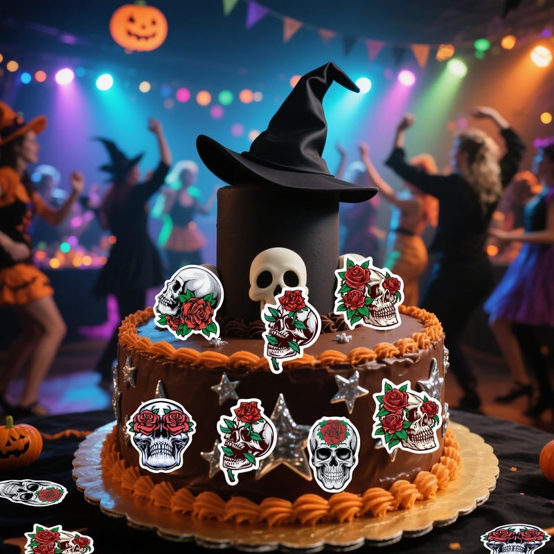 Fyeoxle 45PCS Edible Skull Cupcake Toppers Wafer Paper Halloween Skull Cupcake Toppers Roses Skull Cupcake Picks for Halloween Eve Theme Party Birthday Baby Shower Decor Supplies - Image 3