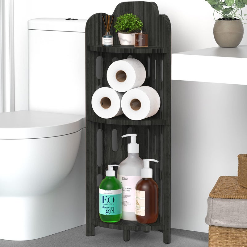 Meangood Bathroom Corner Shelf Stand, 3 Tier Solid Wood Display Shelf for Narrow Space, Shower Corner Shelf, Plant Stand Nightstand, for Living Room, Bedroom, Home Office, Elegant Black - Image 1