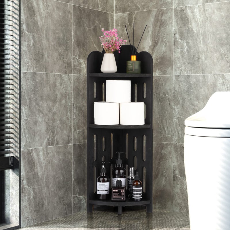 Meangood Bathroom Corner Shelf Stand, 3 Tier Solid Wood Display Shelf for Narrow Space, Shower Corner Shelf, Plant Stand Nightstand, for Living Room, Bedroom, Home Office, Elegant Black - Image 2