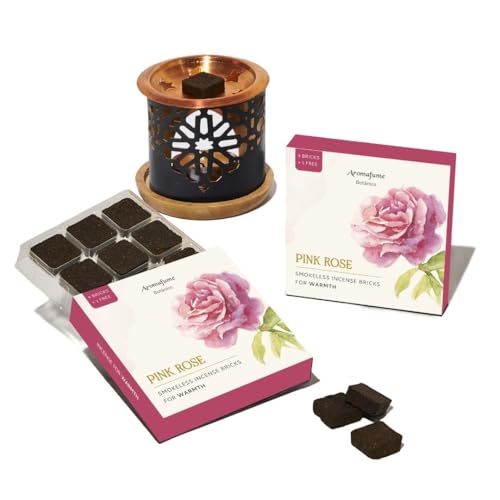 Aromafume Pink Rose Incense Bricks (2 Trays x 9 Bricks) with Persian Exotic Incense Diffuser | Ideal for Romance, Sensuality, Lifting Vibrations, Preparation for Prayer, Relaxation & Rituals - Image 1