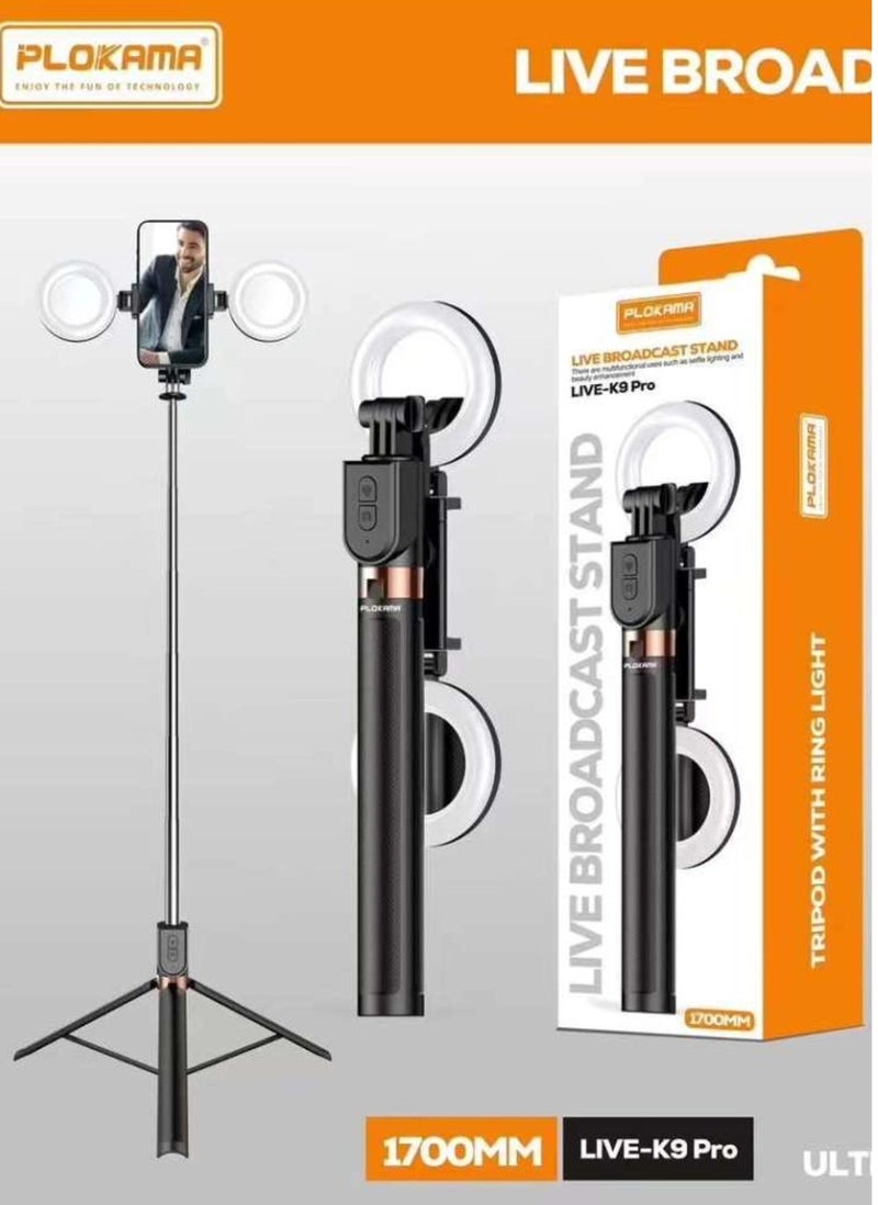 بلوكاما عصا سيلفي LIVE-K9 Pro بتصميم 2 في 1 يجمع بين عصا سيلفي وحامل تصوير في جهاز واحد  بطول 170 سم مع حامل ثلاثي القوائم وإضاءة LED متعددة الألوان – حامل هاتف قابل للدوران 360°  للبث المباشر والتصوير عن بعد مع ريموت بلوتوث – مناسبة لصناع المحتوى وتيك توك ويوتيوب - Image 5