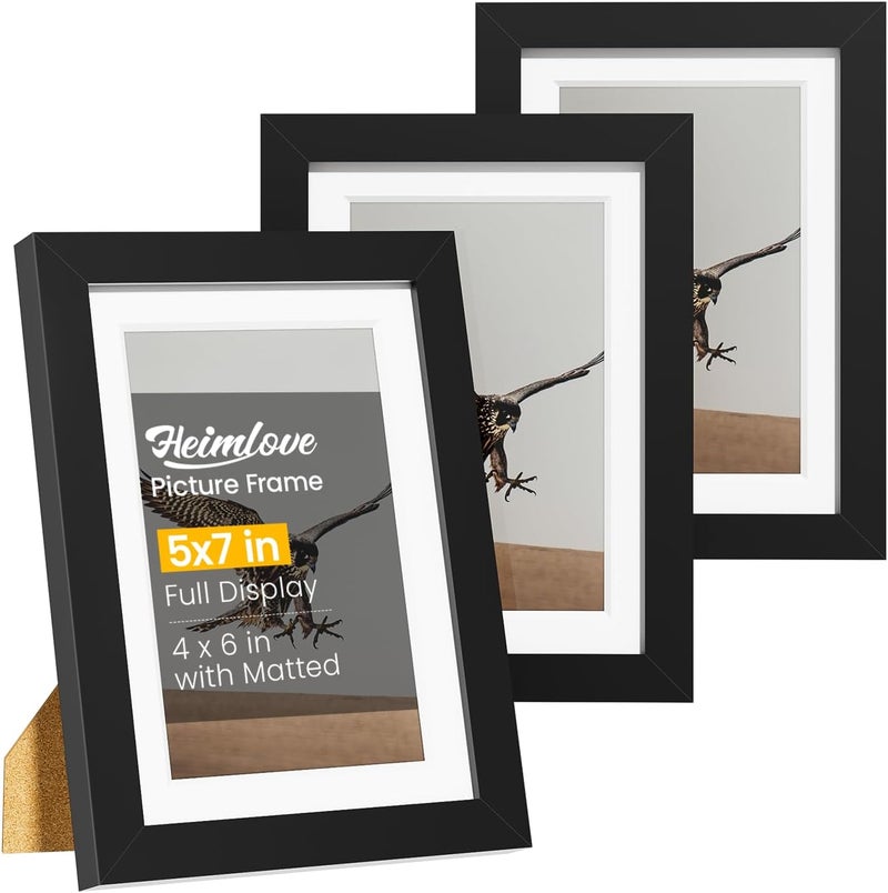 Heimlove طقم إطارات صور 5x7 مكون من 3 إطارات مع مات لعرض صورة 4x6، إطار صور بلاستيكي أسود للملصقات، الدبلوم، الشهادات والمستندات مع ديكور للطاولة والجدار - Image 1