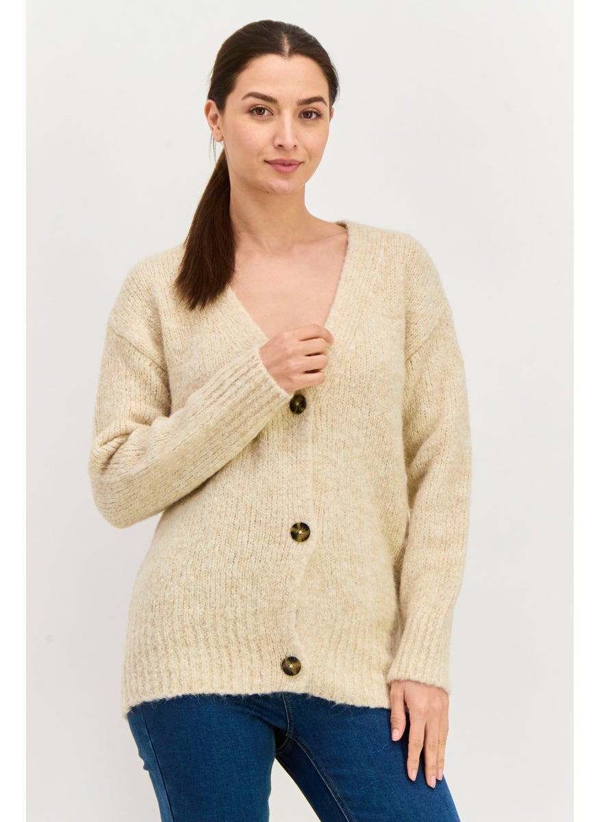 HUGO BOSS Women V-Neck Textured Cardigans, Beige  - Image 1