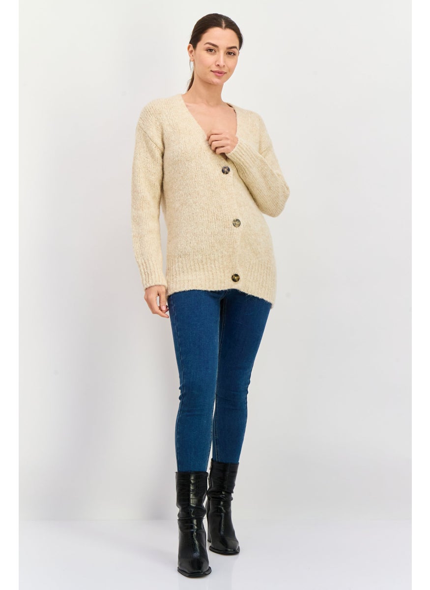 HUGO BOSS Women V-Neck Textured Cardigans, Beige  - Image 4