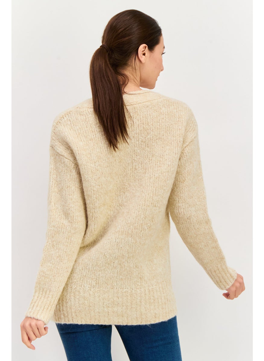 HUGO BOSS Women V-Neck Textured Cardigans, Beige  - Image 3