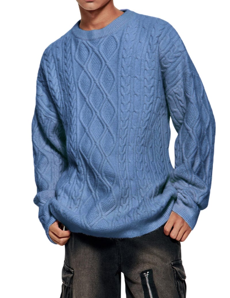Vamtac Oversized Cable Knit Sweater Solid Long Sleeve Knitted Casual Vintage Pullover Sweaters Unisex Crewneck Top Blue X-Small - Image 2