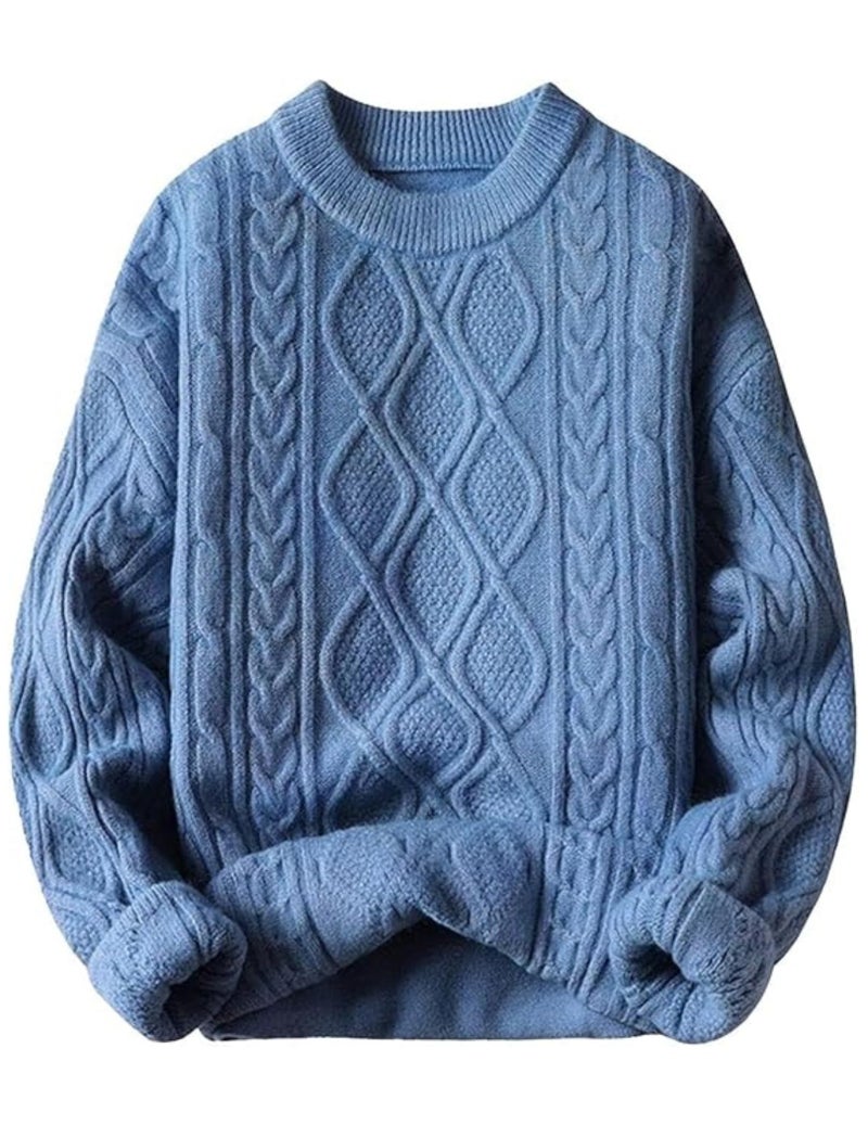 Vamtac Oversized Cable Knit Sweater Solid Long Sleeve Knitted Casual Vintage Pullover Sweaters Unisex Crewneck Top Blue X-Small - Image 1