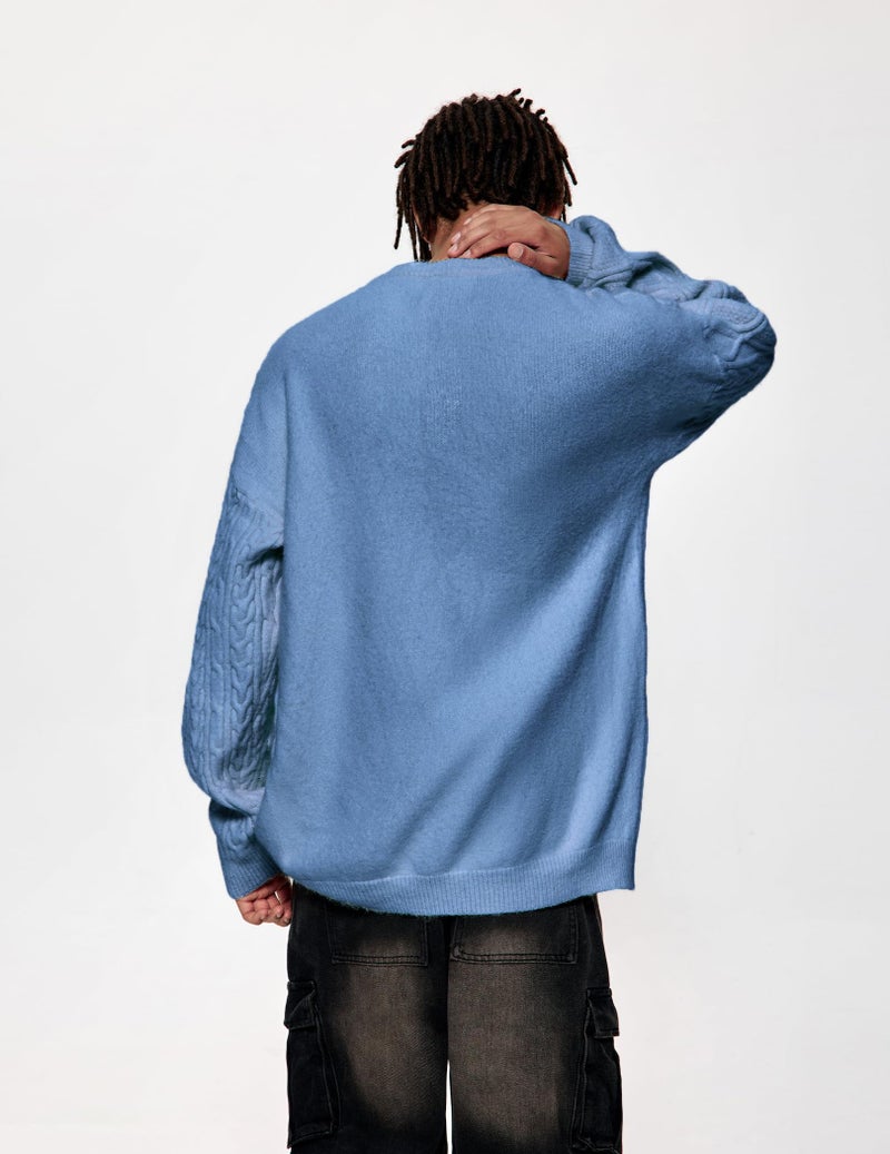 Vamtac Oversized Cable Knit Sweater Solid Long Sleeve Knitted Casual Vintage Pullover Sweaters Unisex Crewneck Top Blue X-Small - Image 3