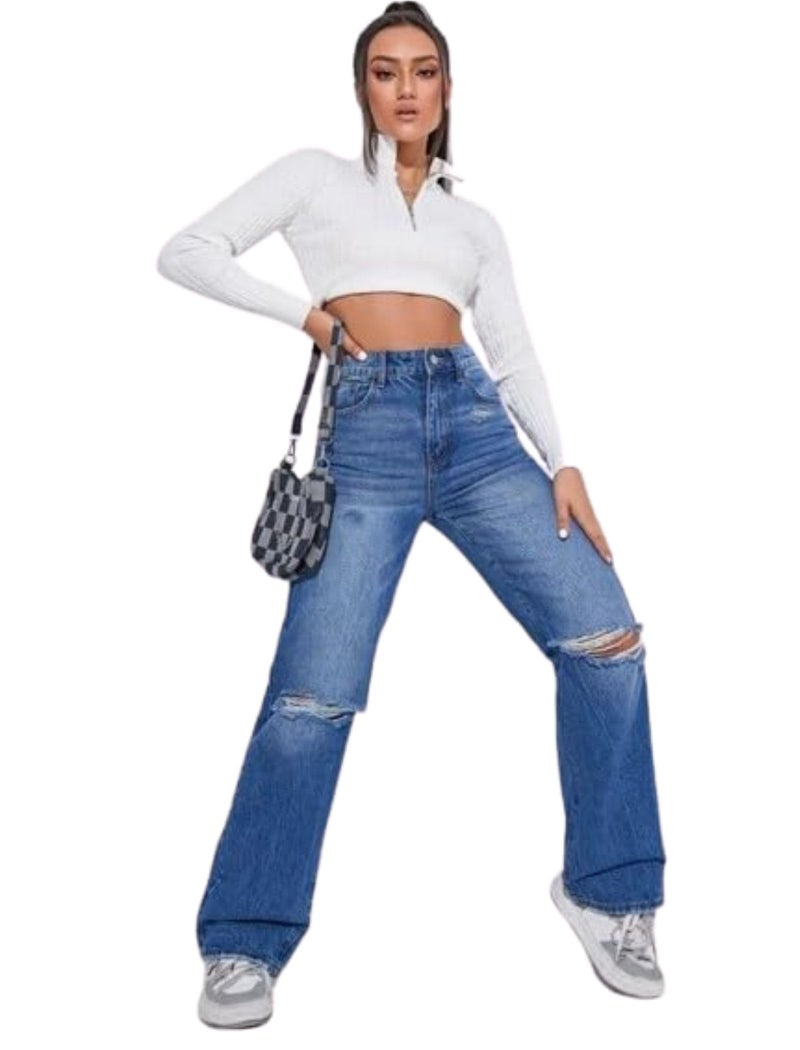 SATPURUSH Women's & Girls Solid Ripped Denim High Waist Wide Leg Jeans Pants (Dark Blue, 28) - Image 5