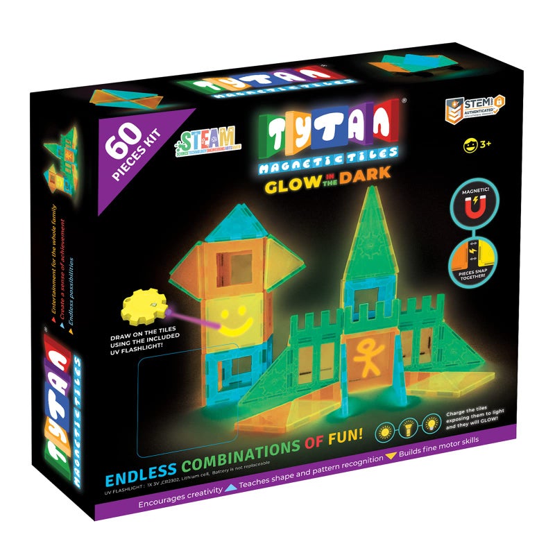 Tytan Tiles Glow in The Dark 60-Piece Magnetic Tiles Building Set, Diverse Multi-Color Shapes, STEM Toy, Cars, Creative Play, Storage Bag & UV Keychain Flashlight for Drawing on Tiles, Ages 3 and Up - Image 1