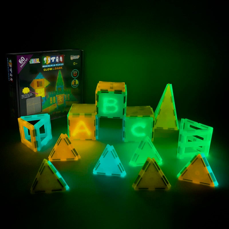 Tytan Tiles Glow in The Dark 60-Piece Magnetic Tiles Building Set, Diverse Multi-Color Shapes, STEM Toy, Cars, Creative Play, Storage Bag & UV Keychain Flashlight for Drawing on Tiles, Ages 3 and Up - Image 5