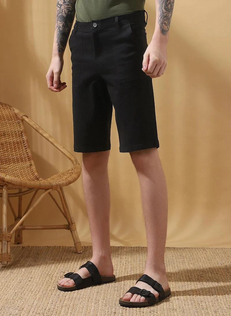 Dennis Lingo Men's Black 100% Cotton Solid Cropped Casual Regular Fit Shorts