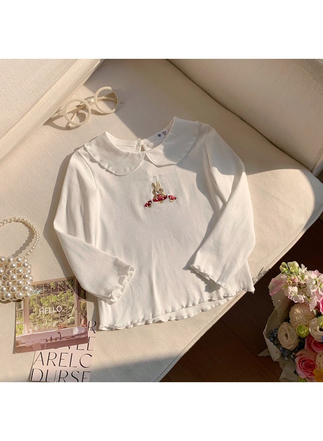 Korean Autumn Solid Color Girls Peter Pan Collar Base Shirt Baby Cute Long Sleeve Rabbit Embroidery T-shirt Children's Autumn Clothing