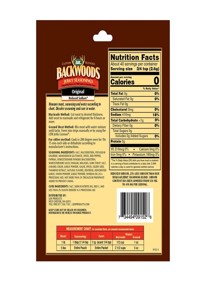 LEM Products Backwoods Reduced Sodium Original Jerky Seasoning, Ideal for Wild Game and Domestic Meat, Seasons Up to 5 Pounds of Meat, 3.6 Ounce Packet with Pre-Measured Cure Packet Included - Image 2