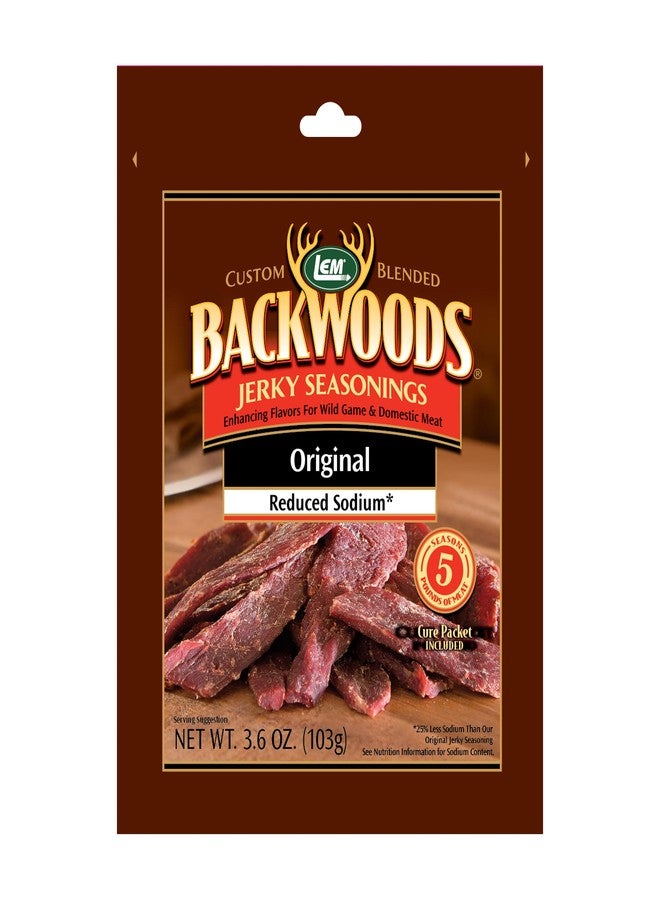 LEM Products Backwoods Reduced Sodium Original Jerky Seasoning, Ideal for Wild Game and Domestic Meat, Seasons Up to 5 Pounds of Meat, 3.6 Ounce Packet with Pre-Measured Cure Packet Included - Image 1