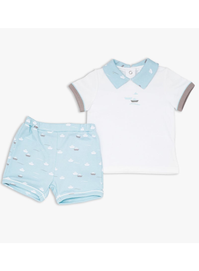Moon تي شيرت وشورت 100% قطن من MOON 0-3 أشهر باللون الأزرق الفاتح - قارب صغير - Image 1
