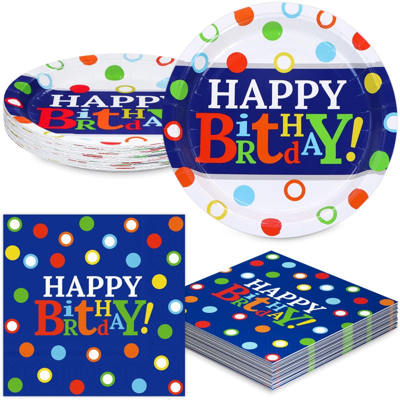 DYLIVeS Colorful Dots Party Plates and Napkins Set, Blue and Rainbow Polka Dots Decorations Disposable Tableware Set Rainbow Dots Party Supplies for Boys, Serve 16 - Image 1