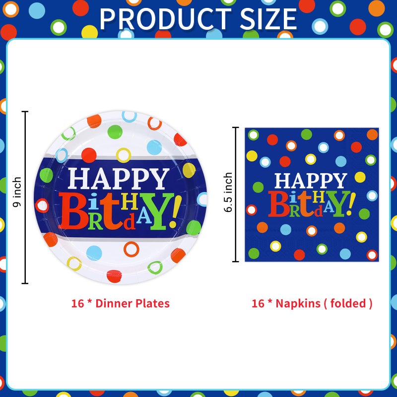 DYLIVeS Colorful Dots Party Plates and Napkins Set, Blue and Rainbow Polka Dots Decorations Disposable Tableware Set Rainbow Dots Party Supplies for Boys, Serve 16 - Image 2