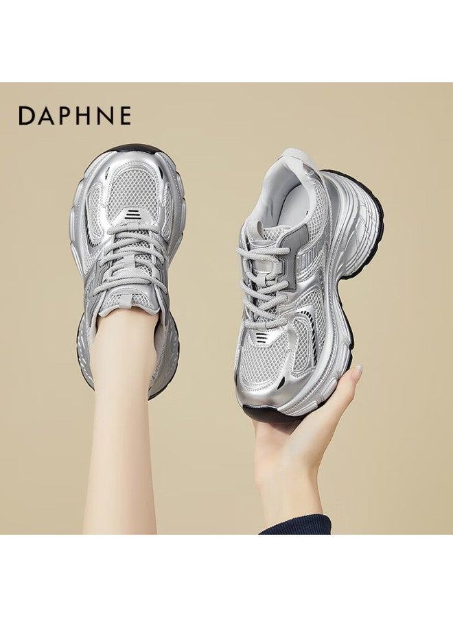 Daphne Women's Sports Casual Shoes With Thick Soles And High Heels, Silver Dad Sneakers, Lightweight Versatile Low-top Women's Shoes, Silver, Size 37 - Image 1