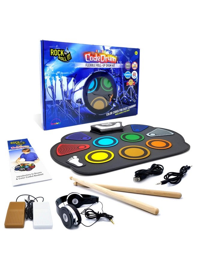 MUKIKIM Rock And Roll It - CodeDrum. Roll Up Portable Drum Set for Kids & Adults. Electronic Silicone Rainbow Drum Pad | Headphones | Pedals | Drum Sticks | Play-By-Color Rhythm Booklet Included - Image 1