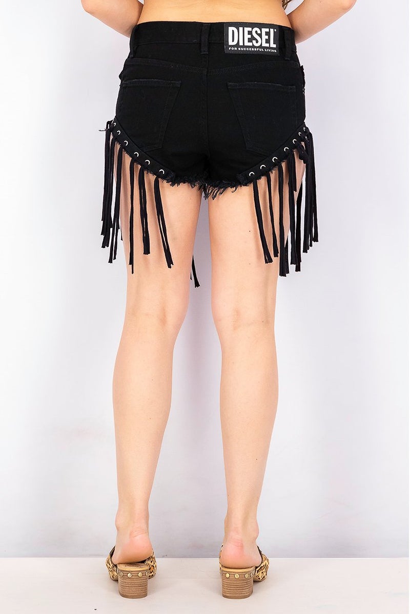 DIESEL Women High Rise Fringe Hem Denim Shorts, Black - Image 3