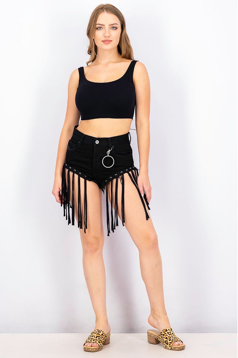 DIESEL Women High Rise Fringe Hem Denim Shorts, Black - Image 2