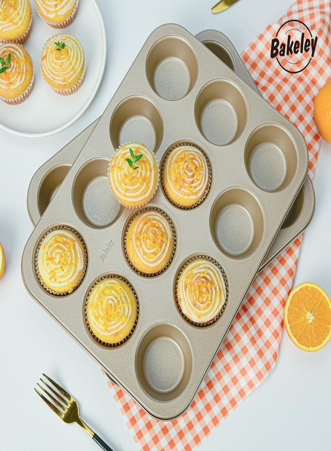 Bakeley Muffin Pan Non Toxic 12 Cup, Set of 2, 0.8mm Non-Stick Durable Carbon Steel, Muffin Tins Nonstick 12 Bakeware for Oven Baking, Dishwasher Safe(Champagne Gold) - Image 3