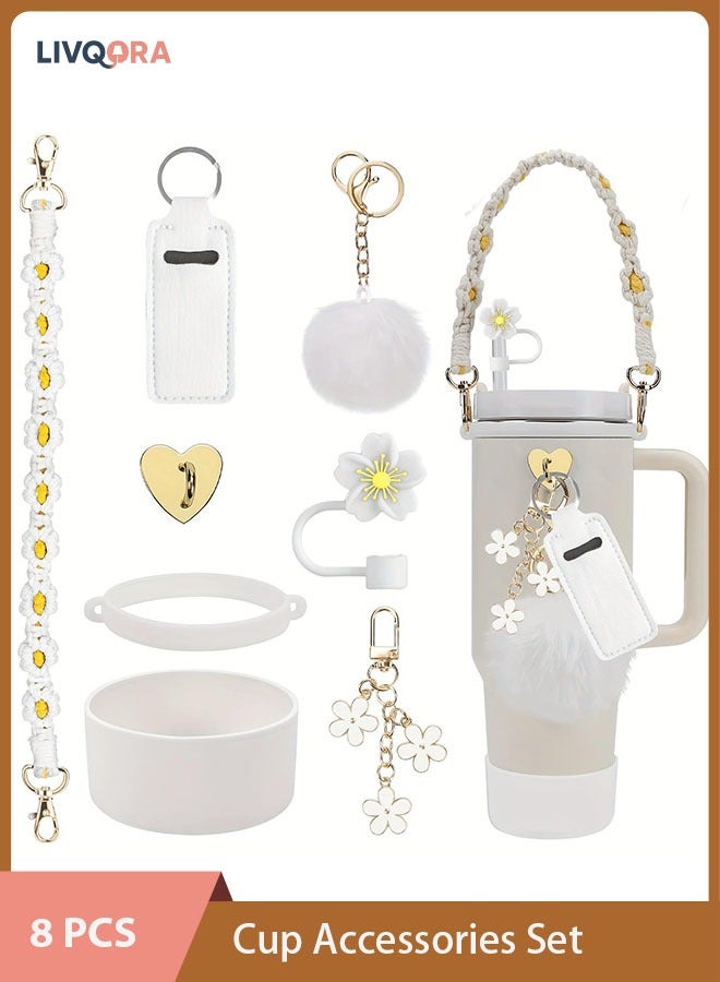 ليفقورا مجموعة إكسسوارات الأكواب من 8 قطع، تتضمن حزام مقبض زجاجة المياه، وغطاء كوب من السيليكون، وغطاء ماصة من السيليكون، وقلادات لأكواب سعة 40 أونصة و30 أونصة (أبيض) - Image 1