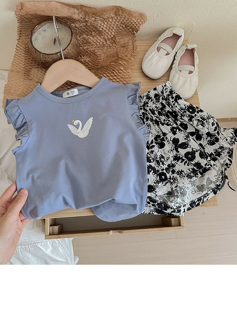 Loquat Girls Printed Shorts Set Sleeveless Ruffled T-shirt And Loose Shorts Summer Casual Set  - Image 1