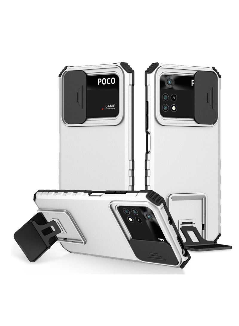 TEAM LUXURY Xiaomi Poco X4 Pro 5G White Mobile Phone Case Cover, Innovative Telescopic Bracket, Sliding Protection Camera Window, Bumper Shockproof Phone Back Cover  - Image 1