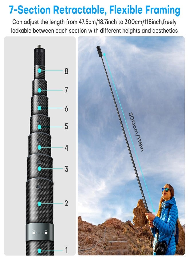 REYGEAK 118" Extended Selfie Stick for Insta360 X4,9.8ft Ultra Long Invisible Selfie Pole with 1/4 Screw,Carbon Fiber Waterproof Extension Monopod for Insta360 X4/X3/X2/ONE/ONE RS/ONE - Image 4