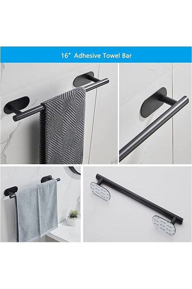 SILADEFU Matte Black Bathroom Hardware Set 4 Pieces Adhesive Toilet Paper Holder Hand Towel Bar Robe Towel Hook Bathroom Accessories Kit for Home Everyday Use - Image 2
