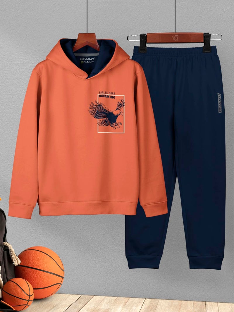 HELLCAT Printed Cotton Blend Full Sleeve Hoodie T-Shirt Jogger Trackpant Clothing Set for Boys Orange/Navy 9-10 Years - Image 2