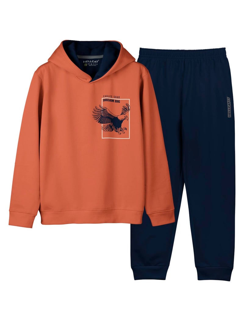 HELLCAT Printed Cotton Blend Full Sleeve Hoodie T-Shirt Jogger Trackpant Clothing Set for Boys Orange/Navy 9-10 Years - Image 1
