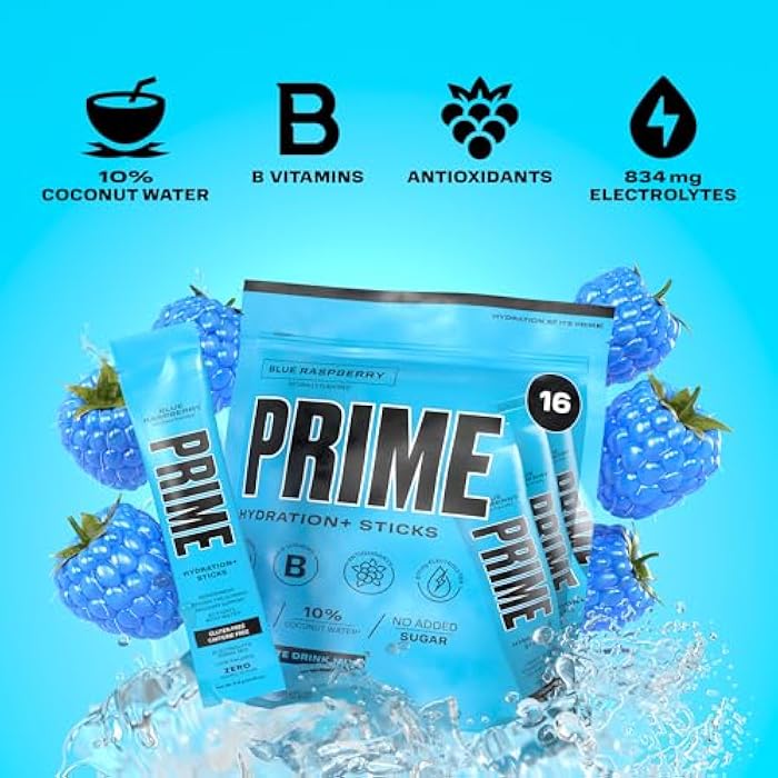 PRIME HYDRATION+ Sticks Blue Raspberry | Hydration Powder Single Serve Sticks | Electrolyte Powder On The Go | 250mg BCAAs, B Vitamins, Antioxidants | Low Sugar | Caffeine-Free | Vegan | 16 Sticks - Image 5