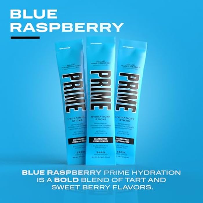 PRIME HYDRATION+ Sticks Blue Raspberry | Hydration Powder Single Serve Sticks | Electrolyte Powder On The Go | 250mg BCAAs, B Vitamins, Antioxidants | Low Sugar | Caffeine-Free | Vegan | 16 Sticks - Image 4