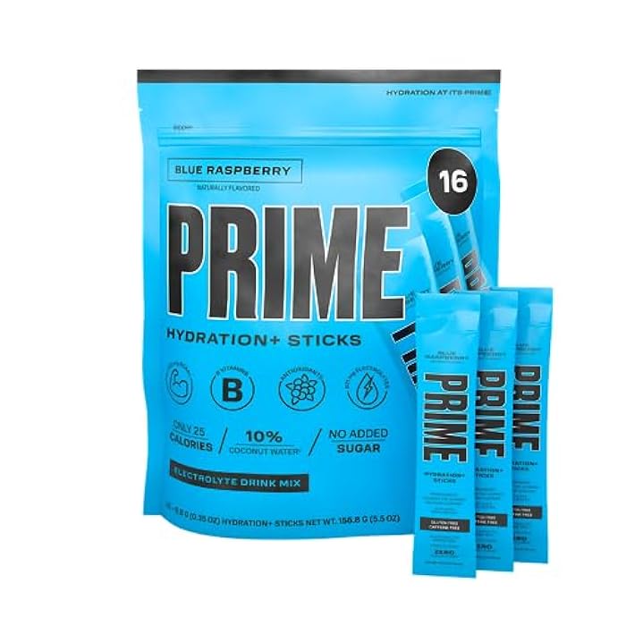 PRIME HYDRATION+ Sticks Blue Raspberry | Hydration Powder Single Serve Sticks | Electrolyte Powder On The Go | 250mg BCAAs, B Vitamins, Antioxidants | Low Sugar | Caffeine-Free | Vegan | 16 Sticks - Image 1