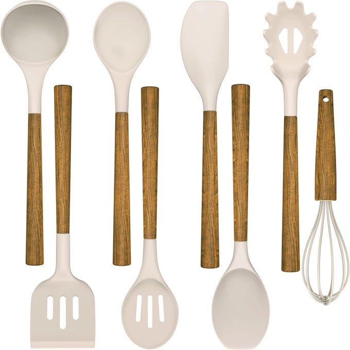 COOKING UTENSILS SET 8 PCS KITCHEN UTENSIL SET WITH WOODEN HANDLE SILICONE KITCHEN UTENSIL ACCESSORIES NONSTICKY HEAT RESISTANT EASY CLEANING UTENSIL SET KHAKI