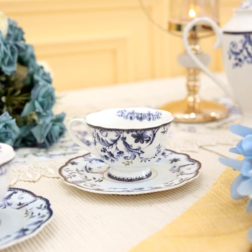 Vigneto Floral Midnight Blue Cup and Saucer Set (Vintage Collection) for Tea/Coffee/Hot Drinks | Set of 6 Cup & 6 Saucers, 210 ML | Finest Premium Porcelain | Lead Free | Scratch Resistant | Chip Resistant - Image 1